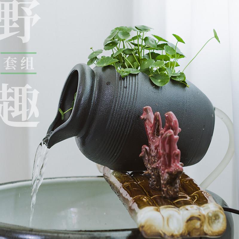 陶瓷竹排循环流水鱼缸装饰摆件古法生态养鱼沼泽过滤套装中式简约