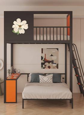 阁楼床复式二楼铁艺高架床单上层上铺床省空间上床下桌小户型家用