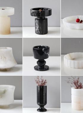 高级大理石材花瓶果盆云石花器果盘烛台托盘黄洞石蜡烛台客厅茶几