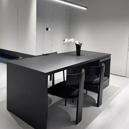 纯黑极简岩板岛台餐桌一体高端轻奢齐平款岩板餐桌定制多功能岛台