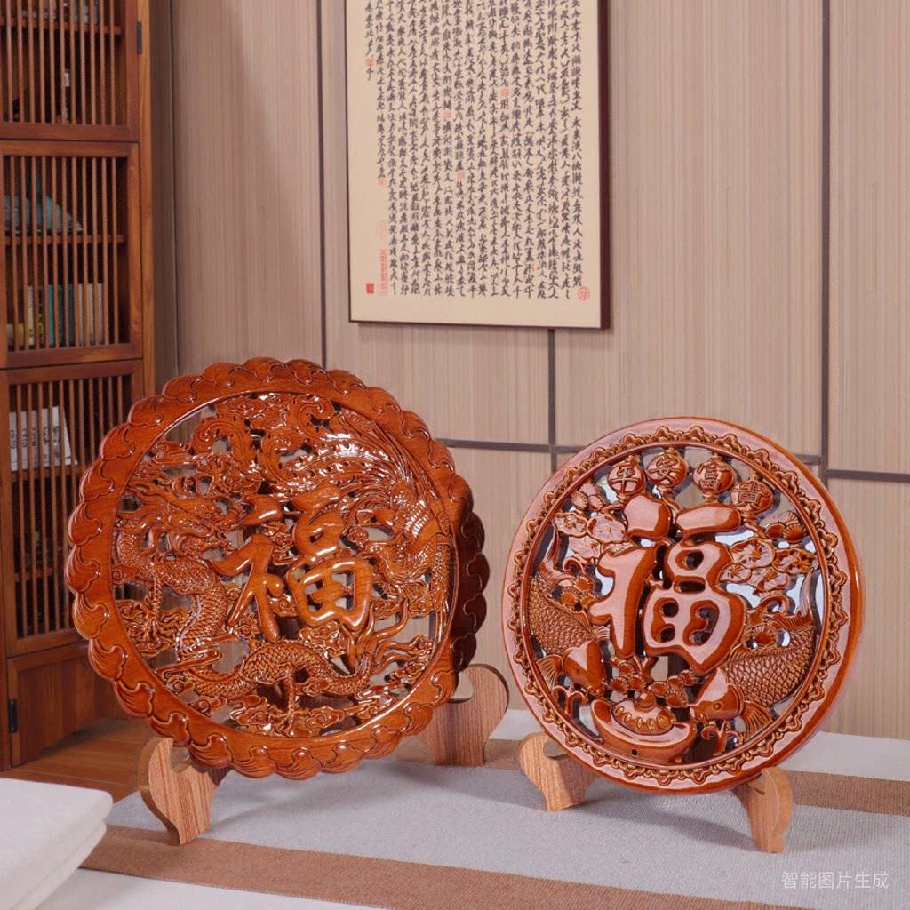 桃木福字实木雕刻摆件中式玄关镇宅客厅底座办公室家用装饰工艺品