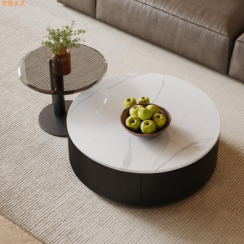 意式轻奢小户型圆形岩板茶几极简客厅小茶几现代简约钢化玻璃边几