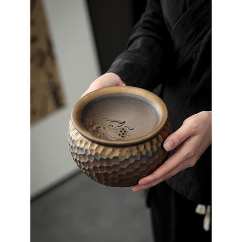 覆古粗陶水盂建水茶洗桌面茶渣缸废水垃圾桶大号带盖过滤干湿分离