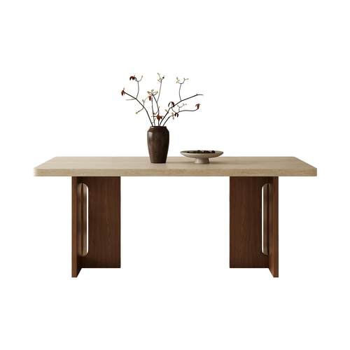 下挂德利丰岩板餐桌椅白蜡木实木中古风饭桌宋式美学高端覆古桌子