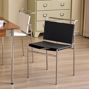 芳蕊中古餐椅不锈钢轻奢高级感包豪斯简约现代马鞍皮覆古靠背椅子