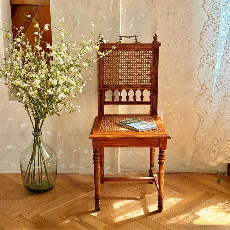 沉光手提椅法式复古拍照摄影道具椅实木餐厅家用钢琴凳子藤编餐椅