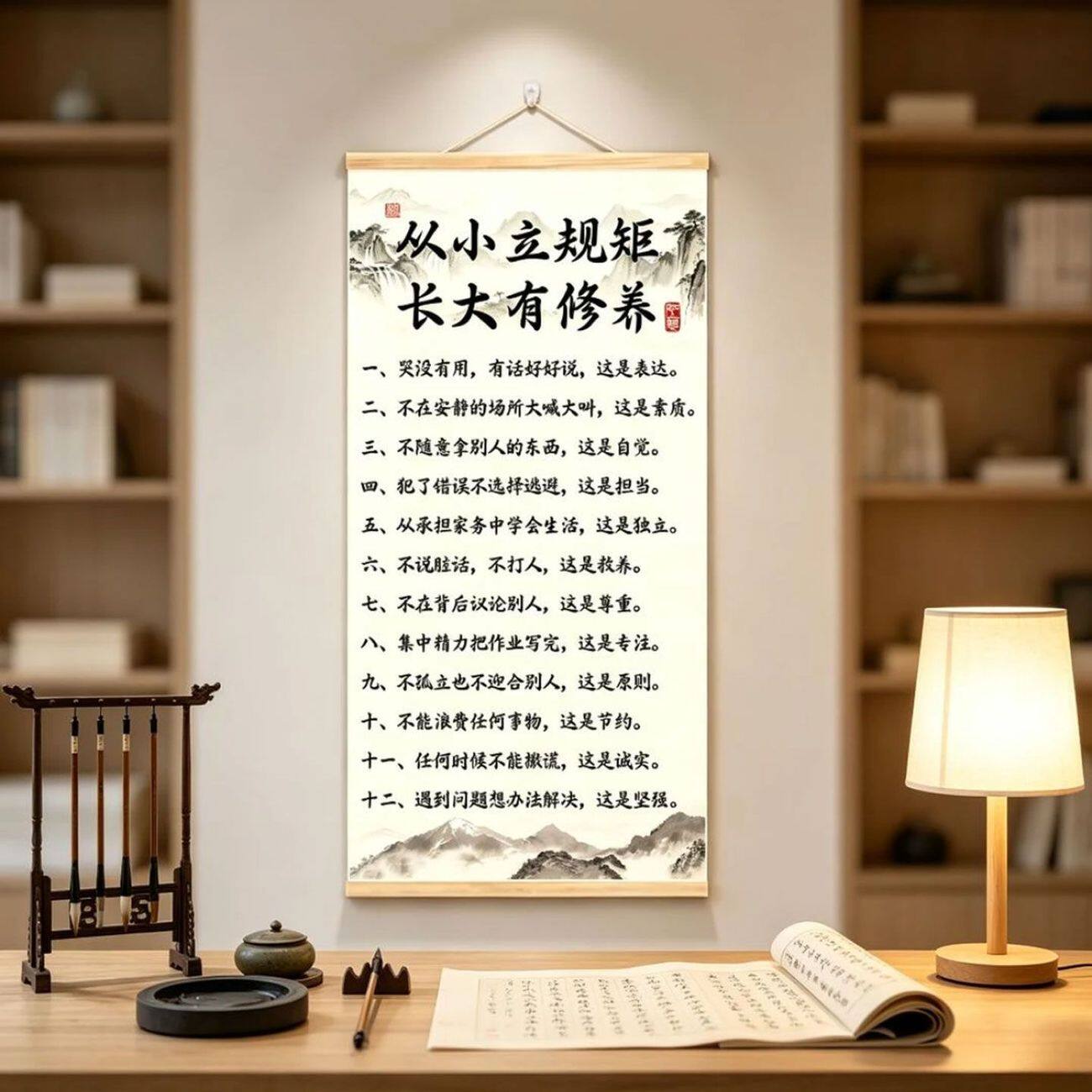 新中式修身励志卷轴挂画