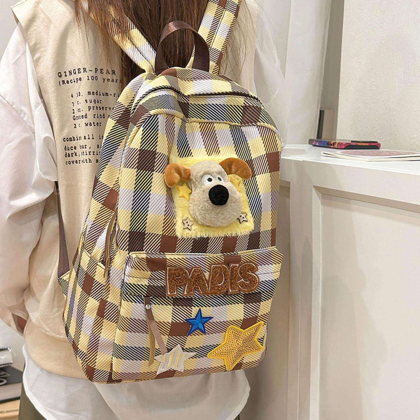 书包女小众高颜值日系可爱新款简约格子初高中生大容量双肩包