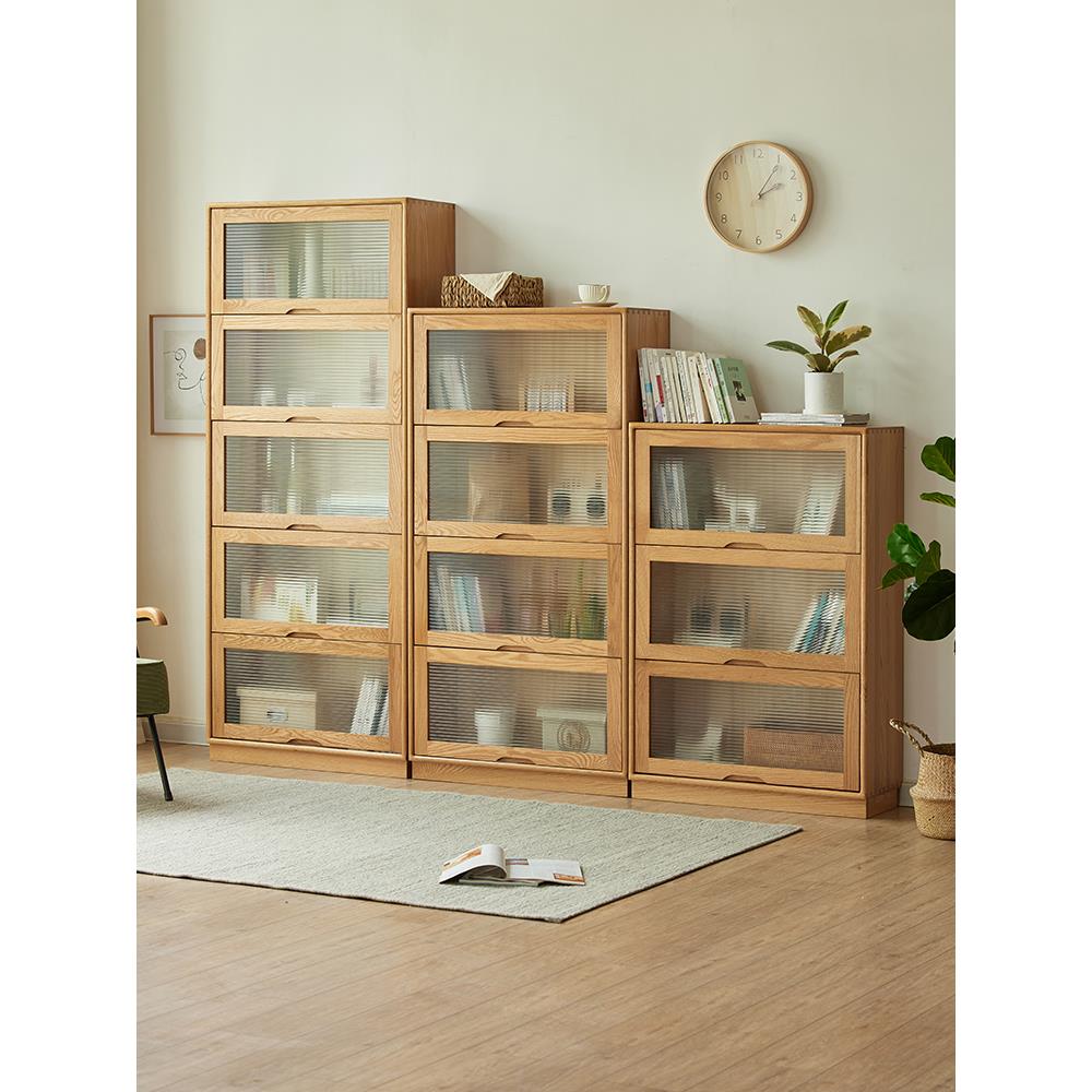 全实木地板站立式书架玻璃门北欧简易收纳柜手工制作柜