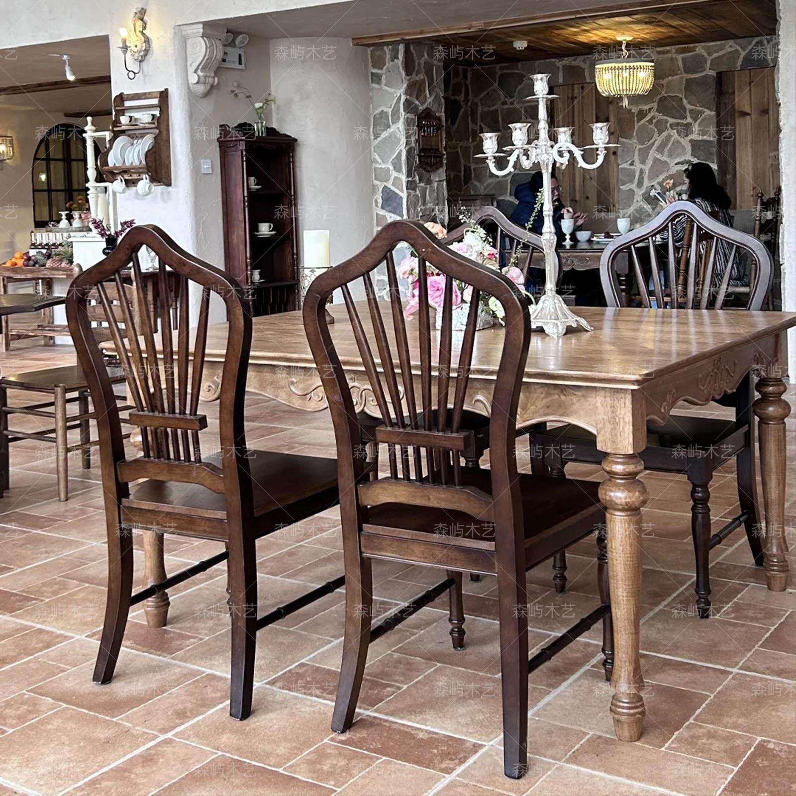 法式实木覆古雕花靠背餐椅咖啡厅甜品店西餐厅中古餐桌椅麋鹿花园