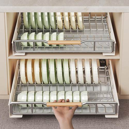 厨房碗盘抽拉式碗碟收纳架橱柜拉篮内置抽屉式碗架沥水盘子置物架