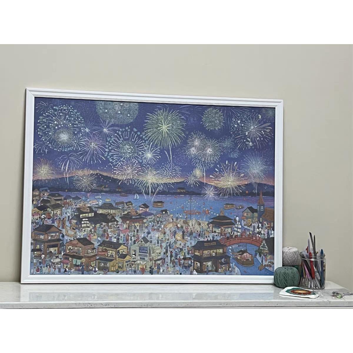 猫的天空2000片花火夜游96*68专用实木铝合金拼图画 画框白色卡纸