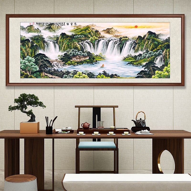 热销东墙客厅挂画旭日东升聚宝盆办公室客厅山水国画沙发背景墙靠