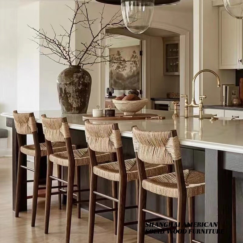 热销北欧风格实木轻奢酒吧椅现代简约家用吧台高脚凳复古编绳餐桌