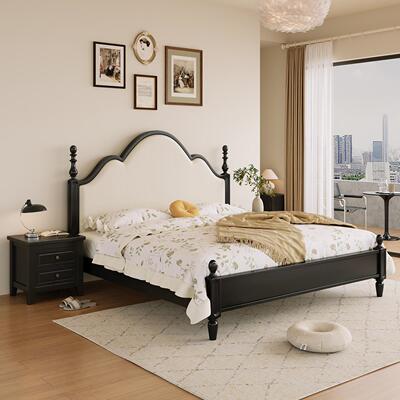 法式覆古实木床家用现代简约主卧高端大气双人床中古风1.8m黑色床