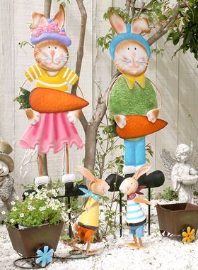 岛拉彩色铁皮兔子地插 可爱兔子情侣花盆花车摆件阳台园艺装饰品