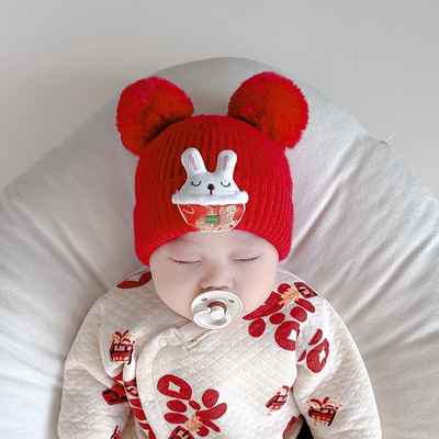 新年款大红儿童帽子秋冬醒狮针织毛线帽红色宝宝胎帽喜庆过年款帽
