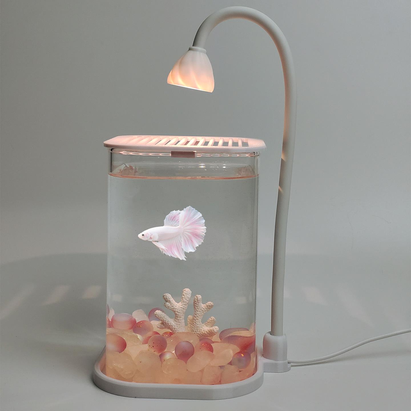 圆角方缸桌面小型鱼缸斗鱼专用缸带盖带灯迷你玻璃鱼缸书桌办公桌