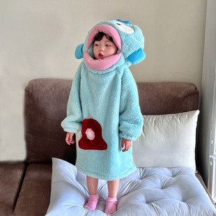 大头丑鱼儿童连体睡衣男孩秋冬季珊瑚绒加绒加厚款女童保暖家居服