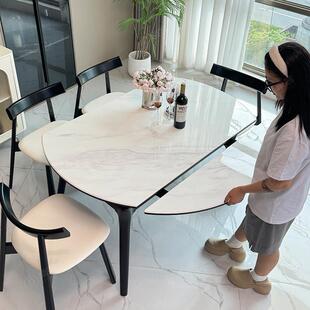 天然微晶石可伸缩圆餐桌家用高端实木腿小户型大理石高级感轻奢桌