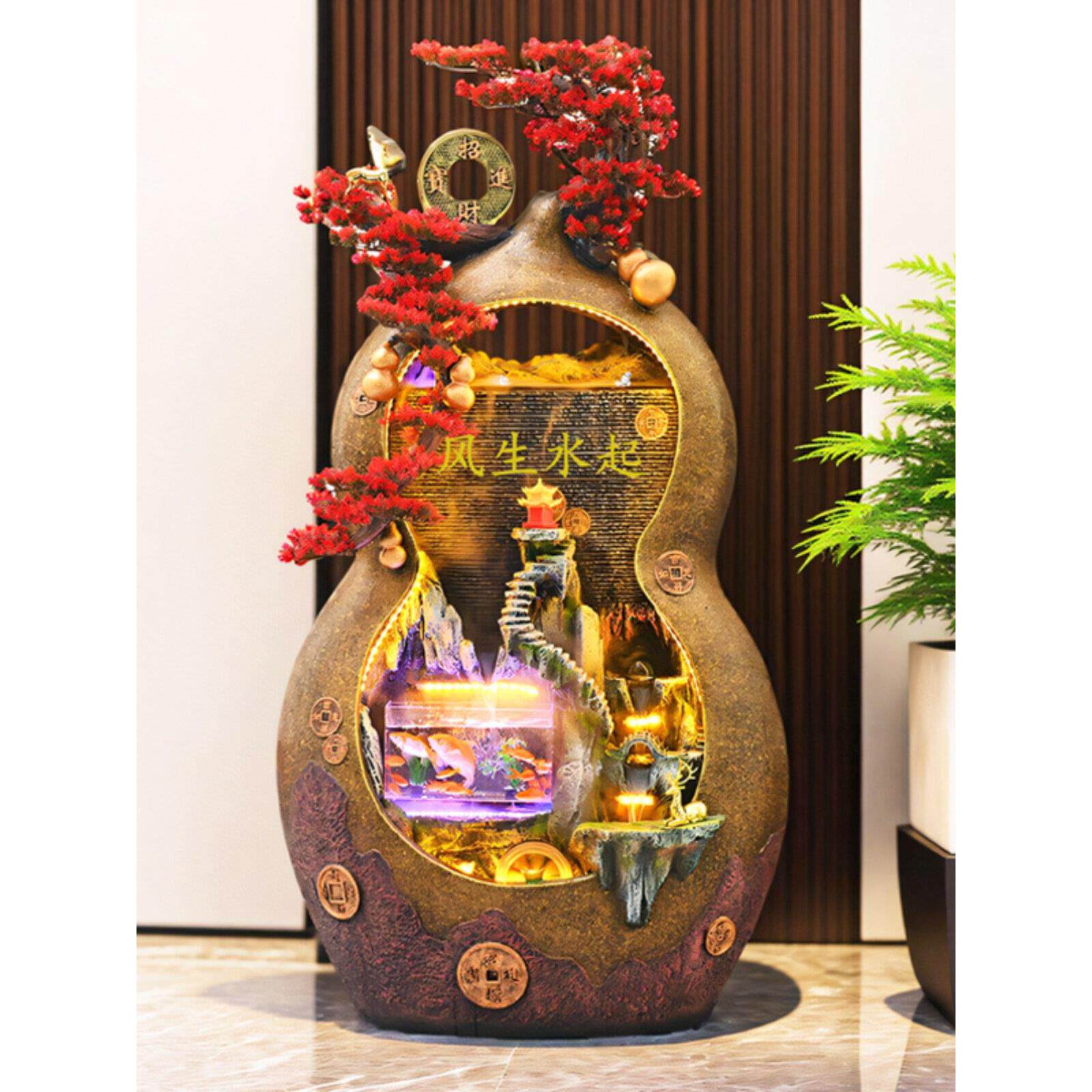 中式招财流水摆件摆件循环水鱼缸客厅落地葫芦风水轮乔迁开业礼物