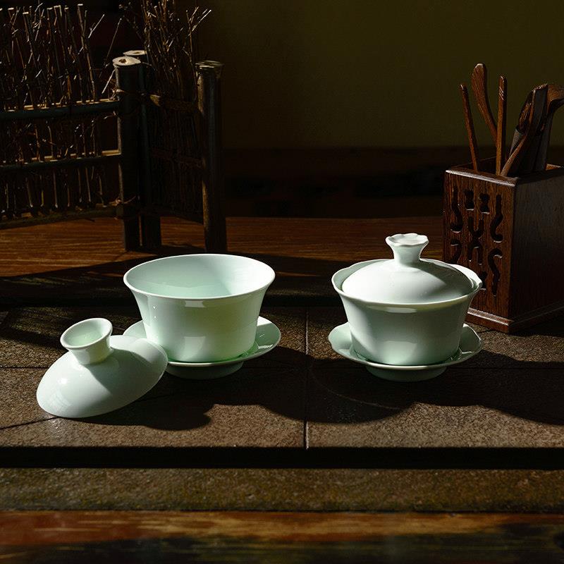 季雅 鲁青瓷影青手工泡茶碗陶瓷大号功夫茶杯青白瓷三才盖碗茶具