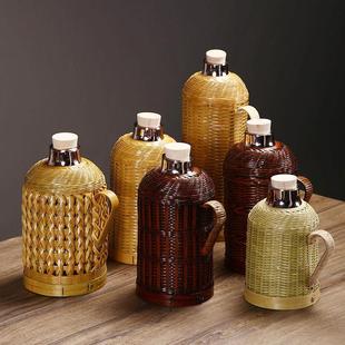 保温瓶家用竹编暖壶玻璃内胆开水壶外壳 纯手工竹编热水壶复古老式