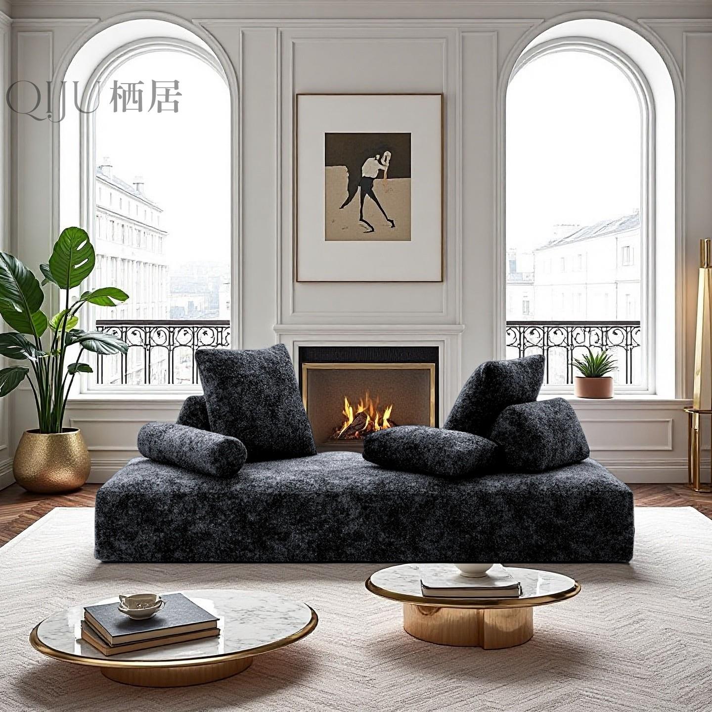 法式中古风客厅直排沙发设计师侘寂覆古风雪尼尔提花布艺贵妃沙发