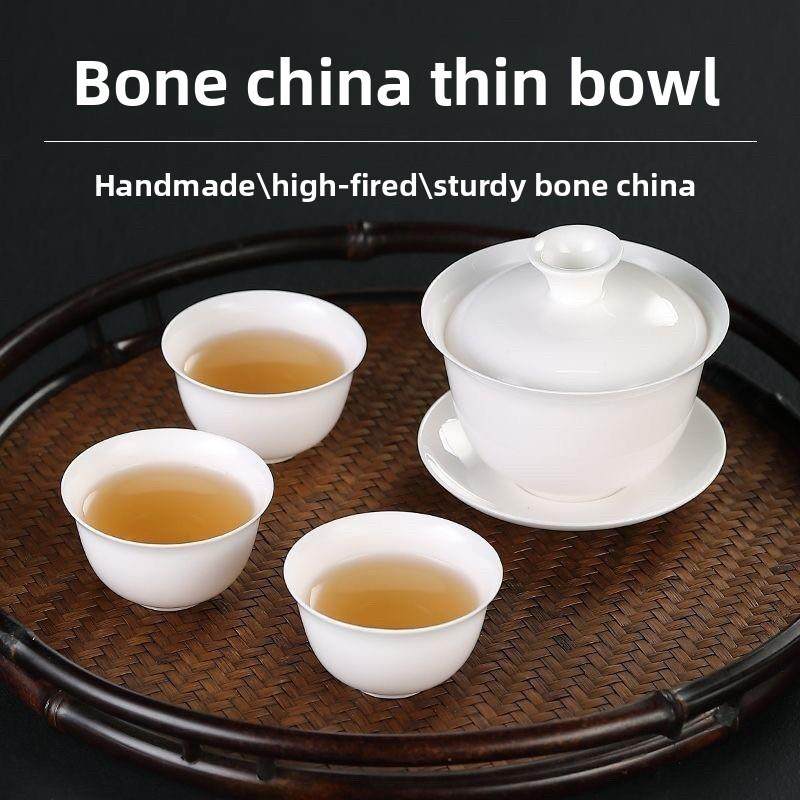 潮汕功夫茶具羊脂玉骨瓷纯白盖碗茶三才大中小德化白瓷茶碗