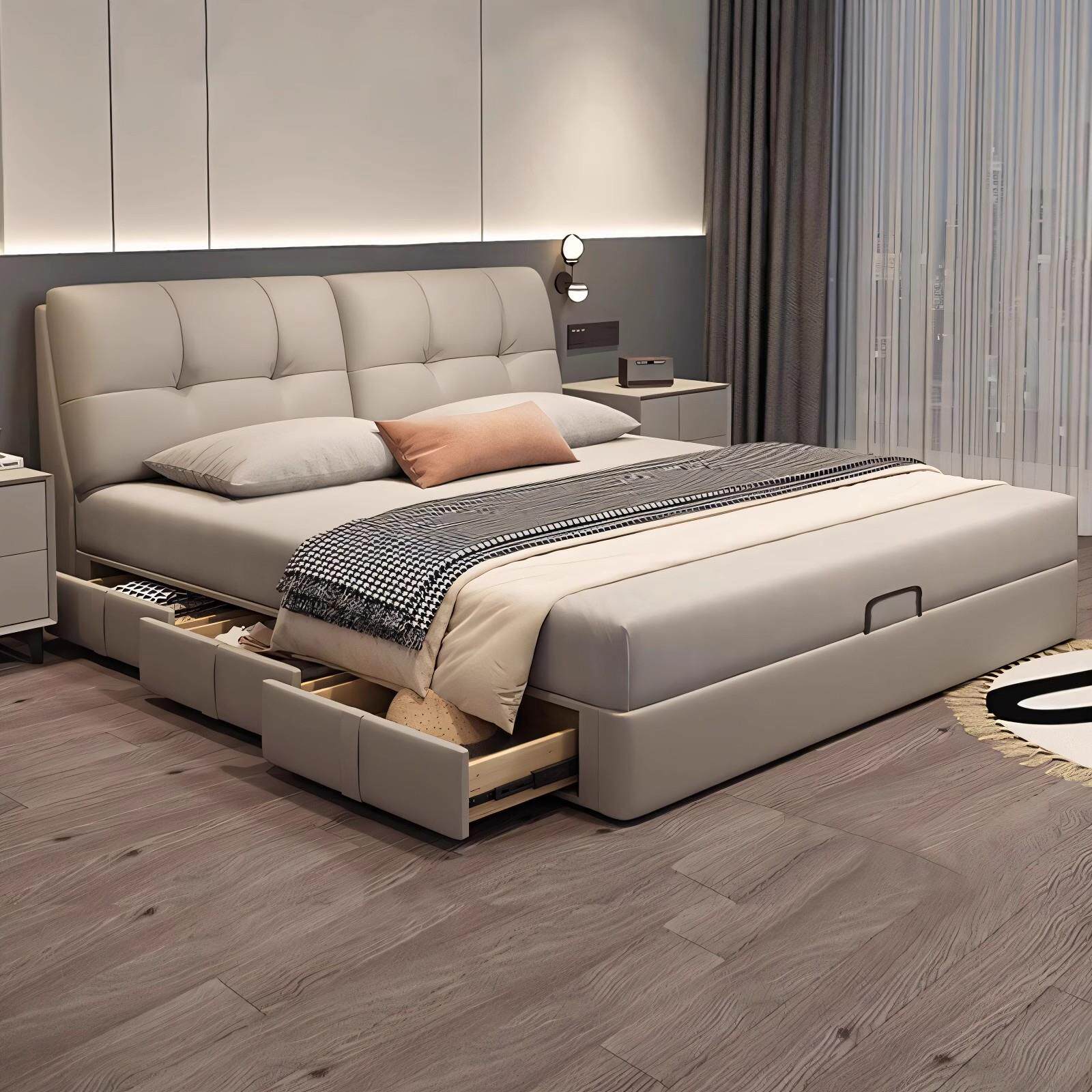 真皮床主卧高端大气储物皮艺床带抽屉收纳盒现代简约软包双人面包