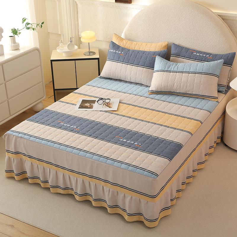 全棉100纯棉夹棉床裙式床罩单件床垫保护套加厚防滑固定保暖简约