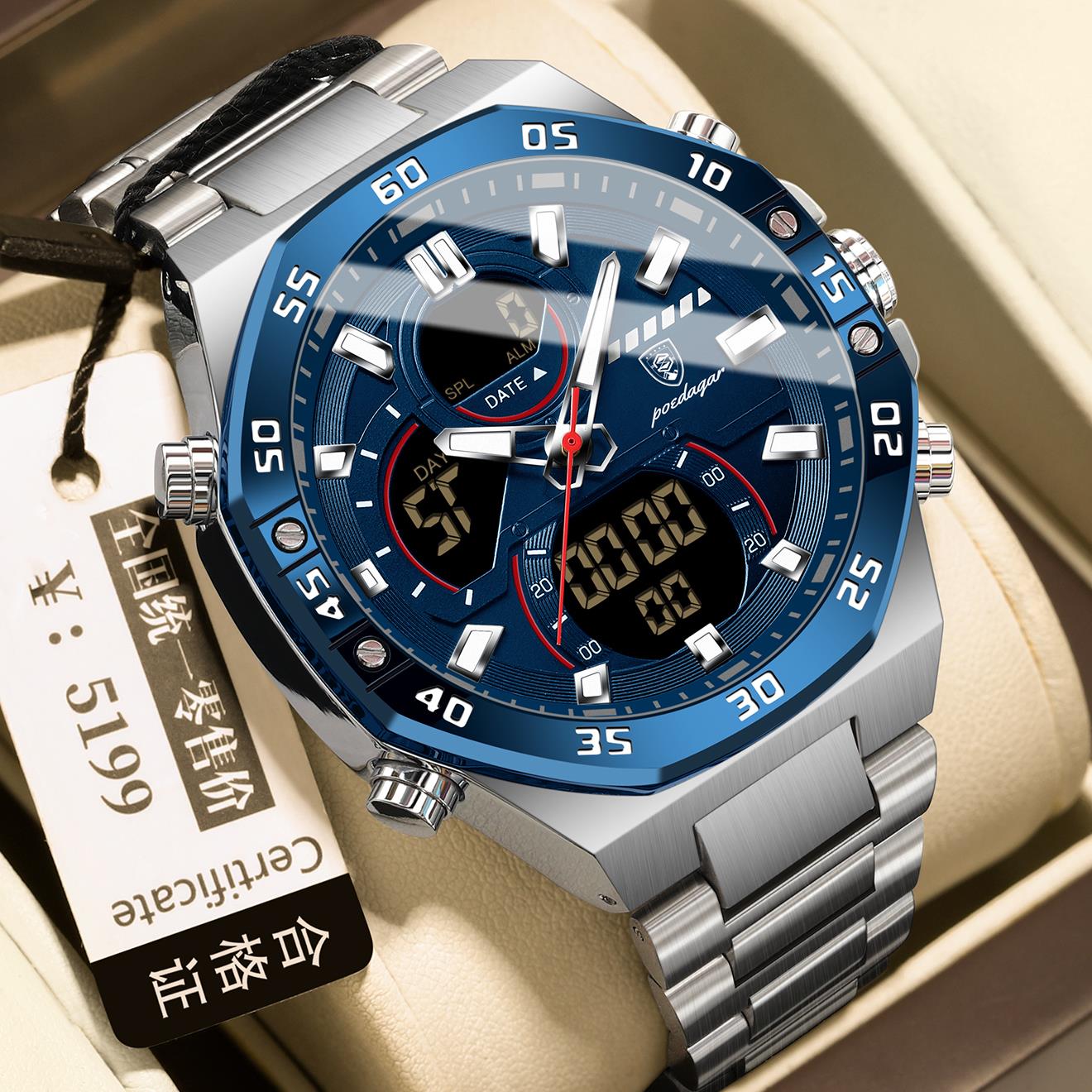 正品瑞士男士手表潮流多功能防水商务夜光日历双显电子手表男腕表