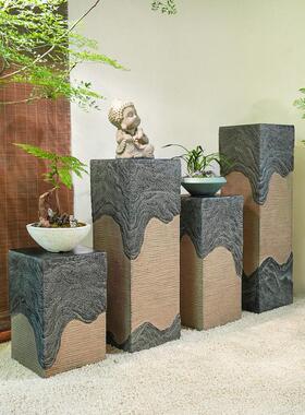 中式客厅玄关落地摆件仿石柱墩子底座立柱花盆架盆景架子茶室布置