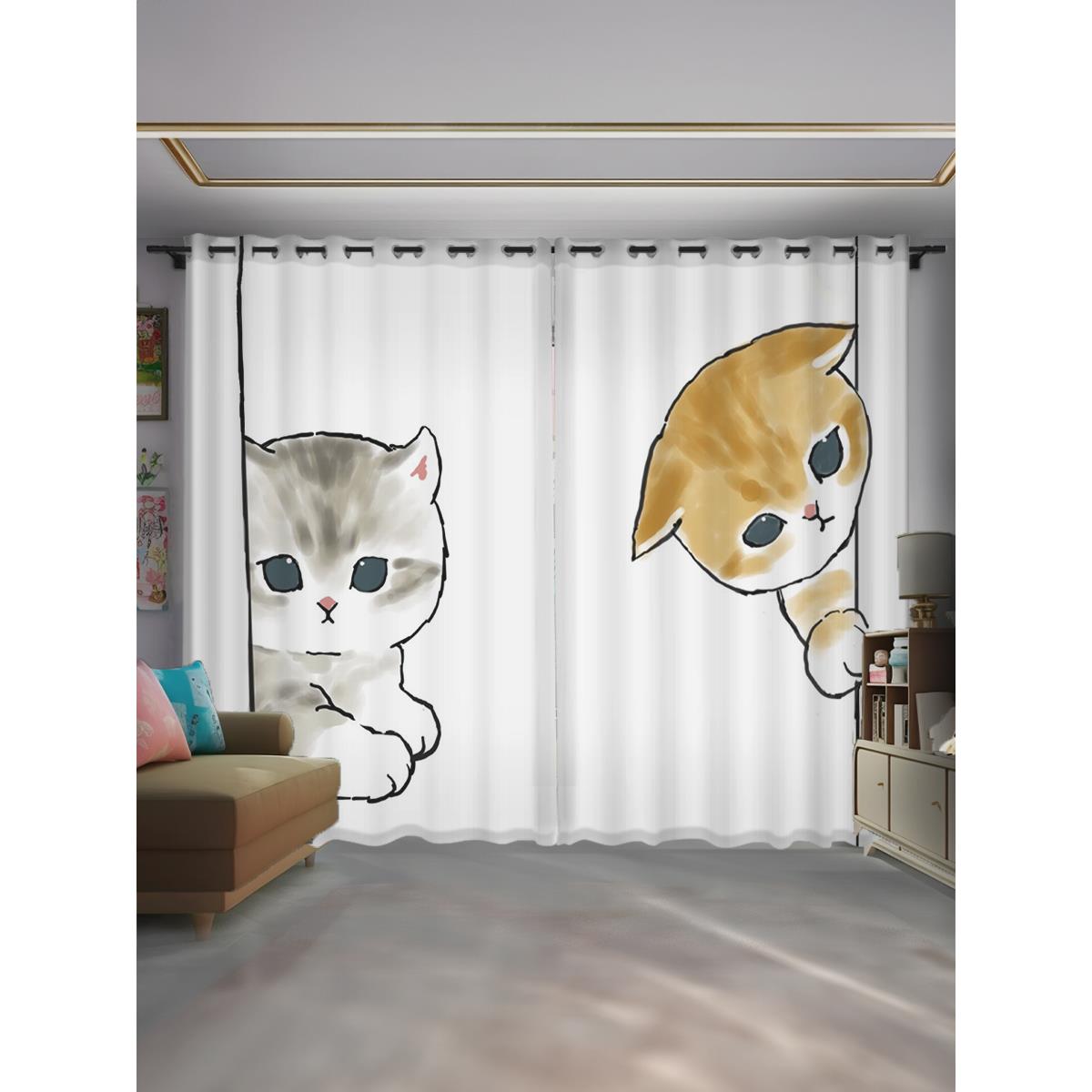 卡通日式可爱猫咪全遮光窗帘儿童房ins风女生卧室定制布帘飘窗纱