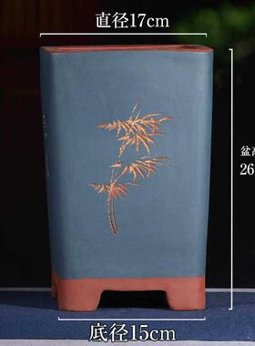 Z95号17cm蓝色四方宜兴紫砂花盆大号高筒阳台悬崖兰花盆种树陶瓷