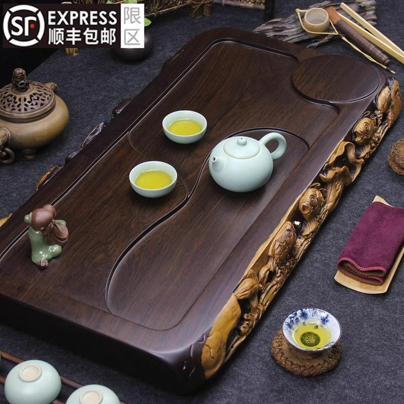 黑檀木茶盘整块实木精雕鱼家用茶海加厚茶台大号排水功夫茶具