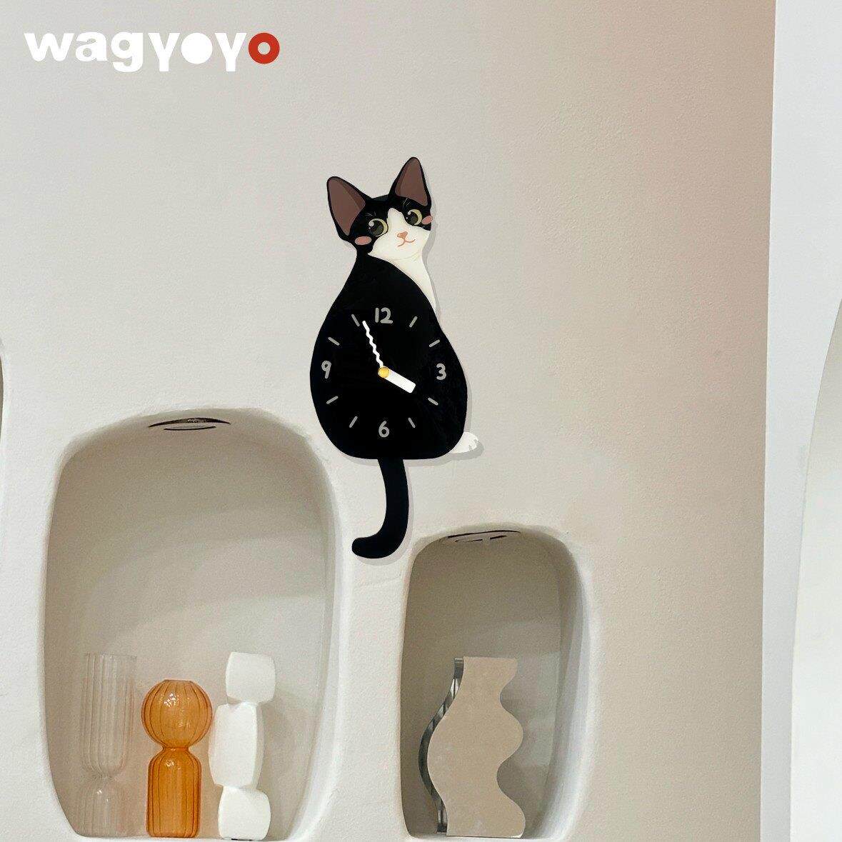 原创德文猫挂钟小猫挂钟尾巴可摇摆创意钟表乔迁礼物静音挂钟