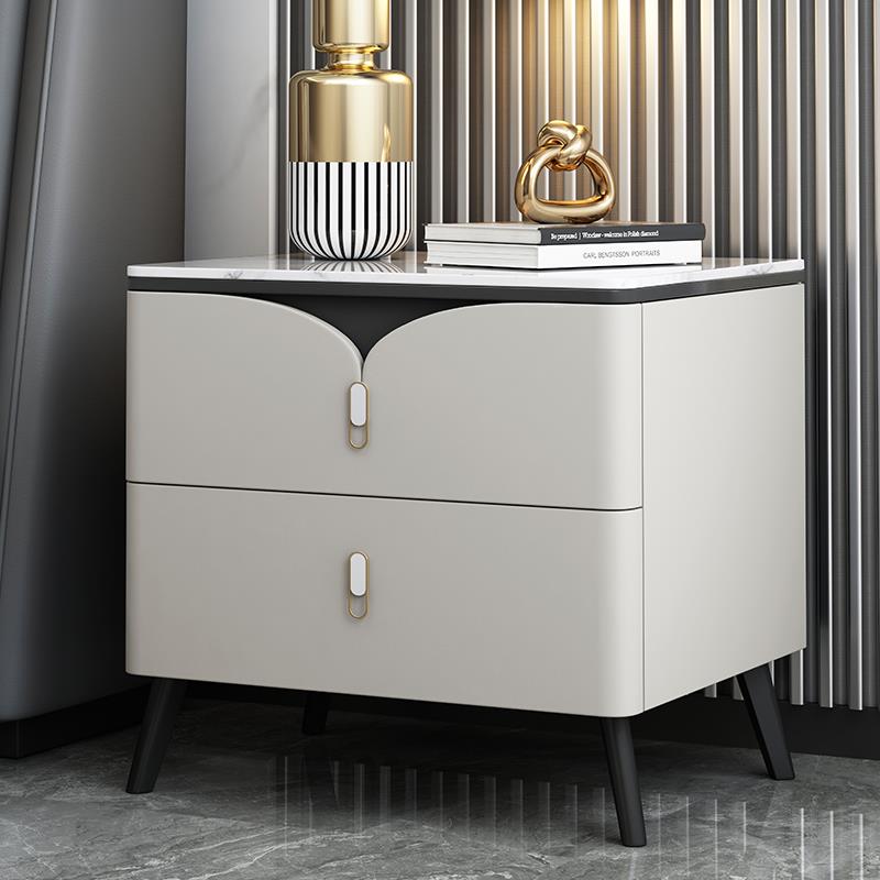 全实木简约现代岩板床头柜皮质轻奢高级感白色床头置物架家用卧室