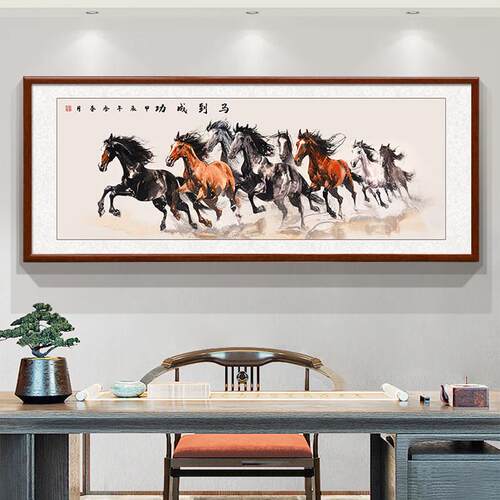 马到成功中式新八骏图客厅背景墙办公室宣纸挂画国画