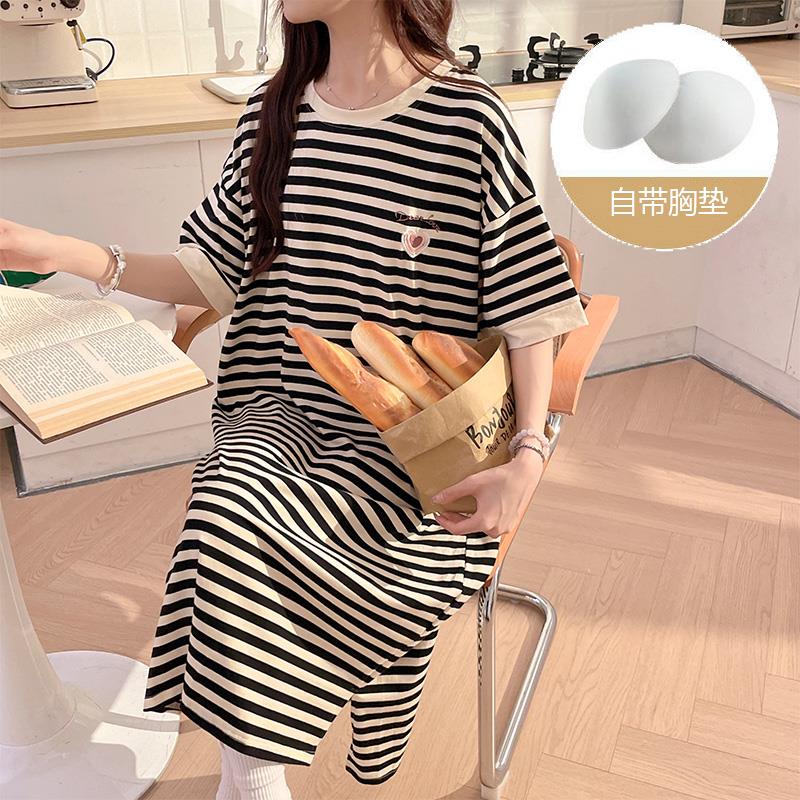 带胸垫条纹睡裙女夏季纯棉加肥加大码200斤睡衣休闲可出门连衣裙