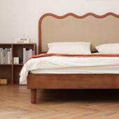 安在野实木榉木悬浮床主卧中古复古双人床软包靠背软靠小户型极简