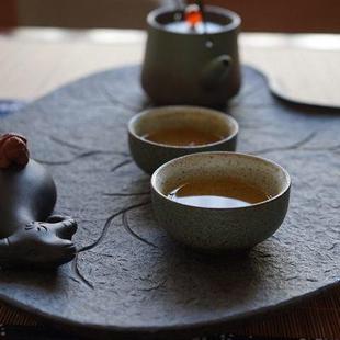 乌金石茶盘椭圆形花纹小荷叶大小号石材排水家用办公室茶海茶台
