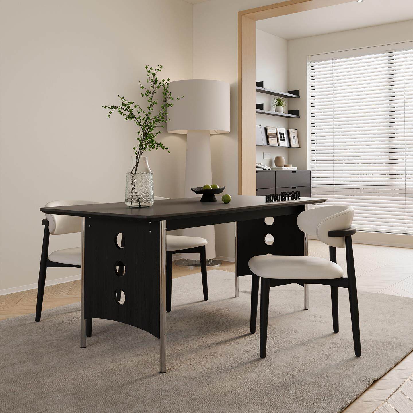 博宇家俱实木纯黑岩板餐桌椅组合现代覆古风家用黑色设计师长餐桌