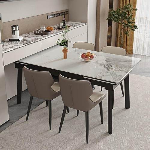 意式极简岩板可伸缩折叠餐桌椅带底板长方形小户型岩板伸缩餐桌