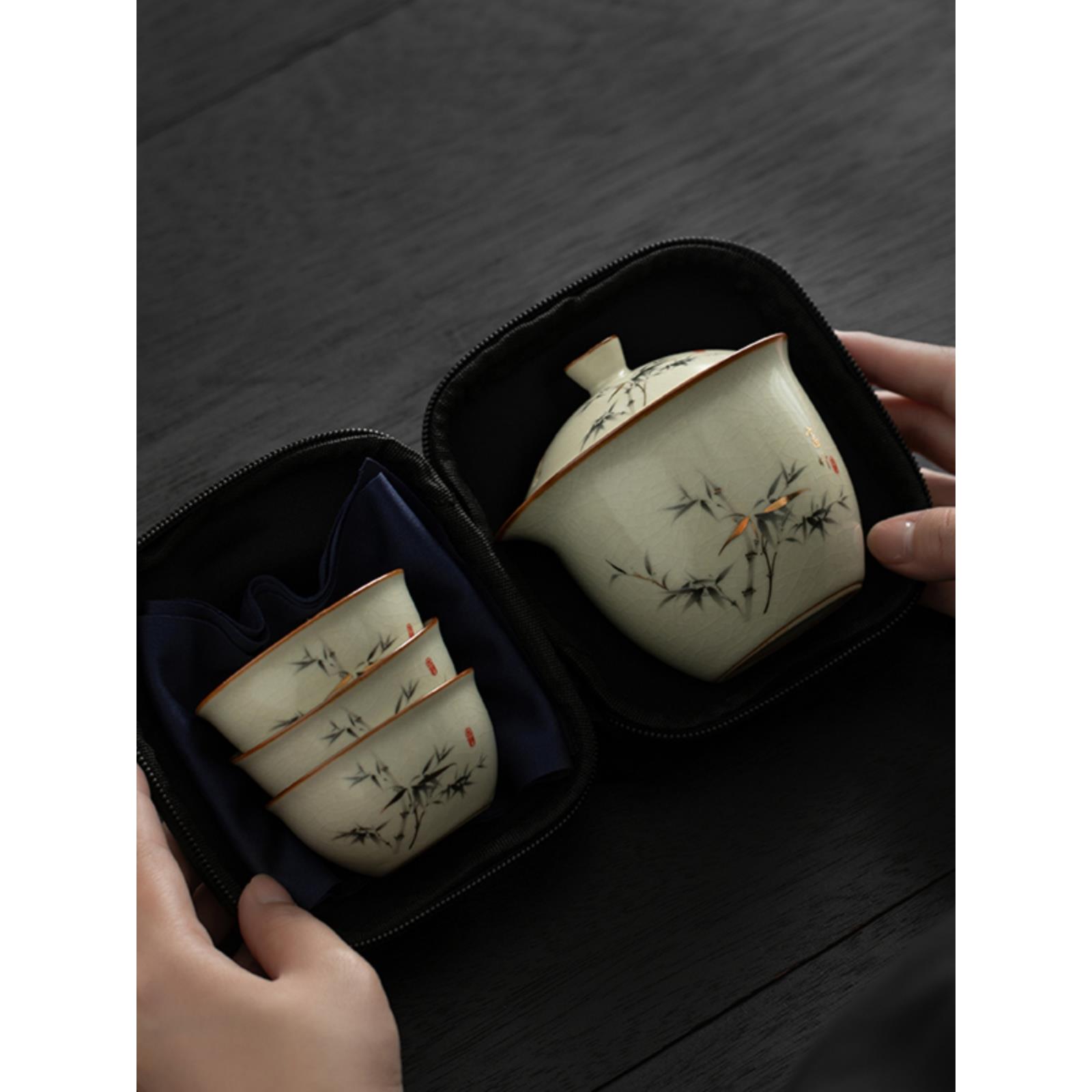 汝窑旅行茶具一壶三杯便携式户外露营陶瓷快客杯套装商务活动礼品