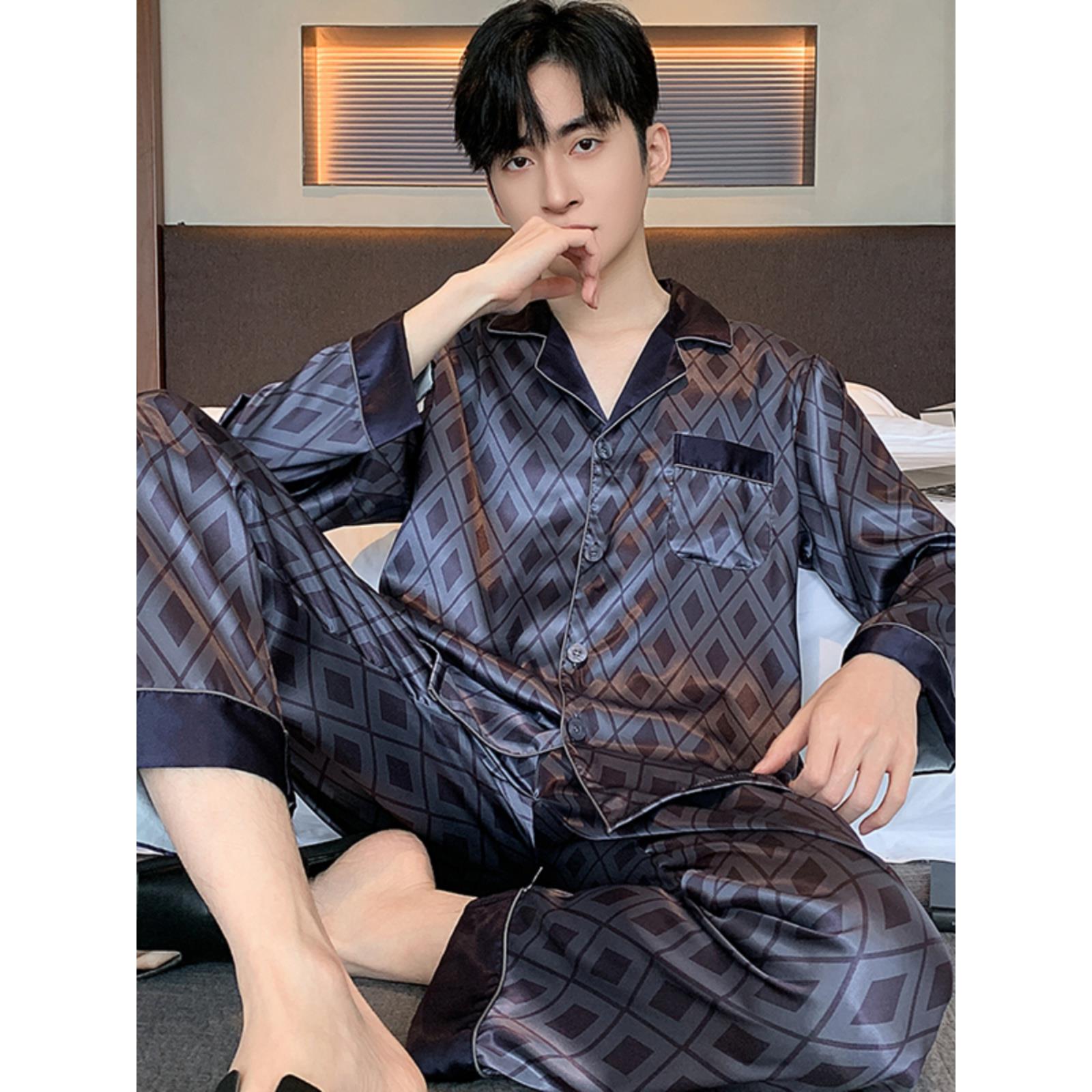 春夏季男士睡衣丝绸春秋款爸爸长袖男款加大码中年冰丝家居服套装