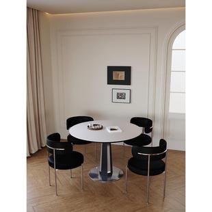 现代简约圆形餐桌黑色实木不锈钢岩板小圆桌意式 轻奢小户型洽谈桌