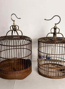 怀旧民俗老物件鸟笼子旧货纯手工老鸟笼毛竹鸟笼小型覆古装饰摆饰