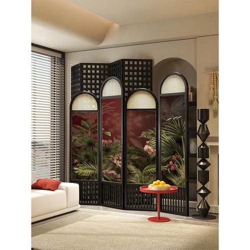 藤编屏风隔断客厅法式覆古实木折叠移动中古风背景墙卧室折屏遮挡