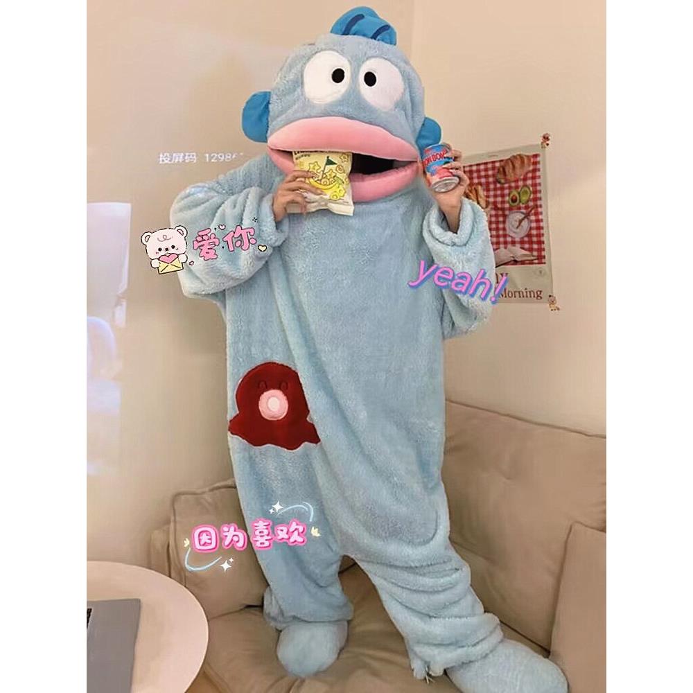 丑鱼睡衣女秋冬季珊瑚绒情侣连体卡通搞怪睡袍男款加厚加大码睡裙